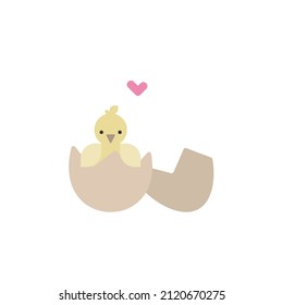 Vector flat illustration with little hatched chick and little heart with broken egg for print, easter card, post card.