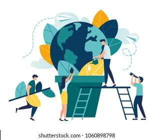 Vector flat illustration, little men prepare for the day of the Earth, save the planet, save energy, the hour of the Earth, the concept of the Earth day vector