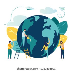 Vector flat illustration, little men prepare for the day of the Earth, save the planet, save energy, the concept of the Earth day vector - Shutterstock ID 1060898801