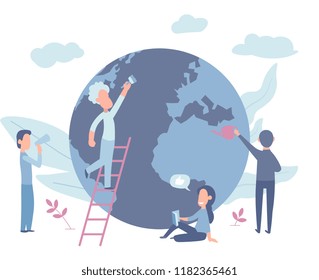 Vector flat illustration, little men prepare for the day of the Earth, save the planet, save energy, the concept of the Earth day