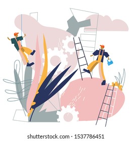 Vector flat illustration, little men prepare for the day of the Earth, save the planet, save energy.Abstract paper collage