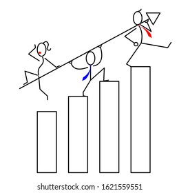 Vector flat illustration: little men carry an arrow on themselves. Simple scribbles. Concept: teamwork, diligence, activity, zeal, enthusiasm, leader, success, growth, improvement.