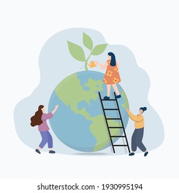 Vector flat illustration, little men prepare for the  Earth day in April, save the planet, save energy, the hour of the Earth, the concept of the Earth day vector Illustration