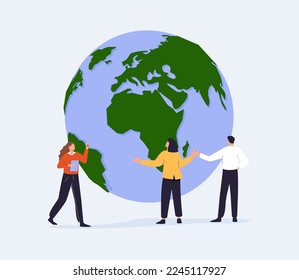 Vector flat illustration, little men prepare for the day of the Earth, save the planet, save energy, the concept of the Earth day vector. Save the planet. Coworking worldwide freelancers, cooperation