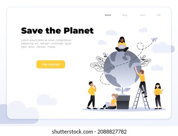 Vector flat illustration, little multiracial multinational men prepare for the day of Earth, save the planet, save energy, the hour of the Earth, the concept of the Earth day, landing page template.