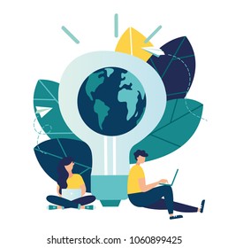 Vector flat illustration, little people prepare for Earth day, save energy, Earth hour, correspond with different countries, communicate through networks vector