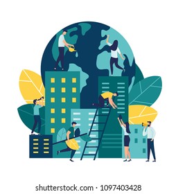 Vector flat illustration, little people are preparing for the holiday, saving the planet, World Environment Day, Bio technology, a city in the background of the planet vector