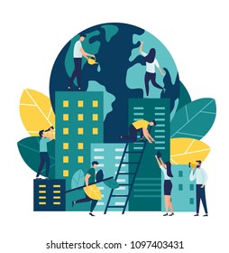 Vector flat illustration, little people are preparing for the holiday, saving the planet, World Environment Day,  vector,Bio technology, a city in the background of the planet 