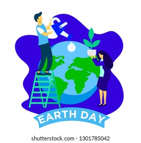 Vector flat illustration, little people prepare for the day of the Earth, save the planet, save energy, the concept of the Earth day