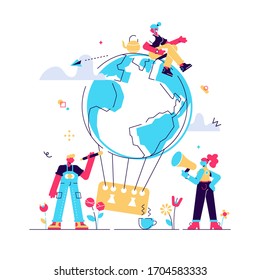 Vector flat illustration, little people are preparing for the day of the environment, save the planet, a balloon in the form of a planet. Flat style modern design vector illustration for web page