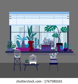 Vector flat illustration of living room fragment. Home interior with window, potted plants and bird cages.
