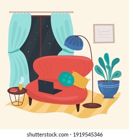 Vector flat illustration living room interior with sofa, home plant and floor lamp. Cozy and colored room with midnight from window.