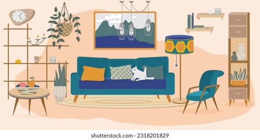 Vector flat illustration of the living room interior. Mid century modern style.