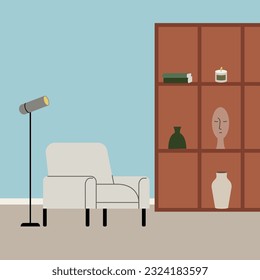 Vector flat illustration of living room with armchair, lamp and shelves with various decor. Interior design and furniture in scandinavian minimal style