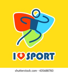 Vector flat illustration with I love sport symbol, athletic men. Perfect for sport and fitness t-shirt, package. Simple abstract line people figure