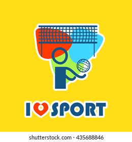 Vector flat illustration with I love sport symbol, men play with ball. Perfect for sport and fitness t-shirt, package. Simple abstract line people figure