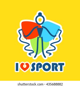 Vector flat illustration with I love sport symbol, gymnastic girl and heart. Perfect for sport and fitness t-shirt, package. Simple abstract line people figure