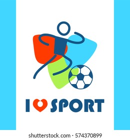 Vector flat illustration with I love sport symbol, men play with ball. Perfect for sport and fitness t-shirt, package. Simple abstract line people figure