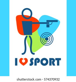 Vector flat illustration with I love sport symbol, shooting, archery men. Perfect for sport and fitness t-shirt, package. Simple abstract line people figure