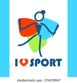 Vector flat illustration with I love sport symbol, gymnastic girl and heart. Perfect for sport and fitness t-shirt, package. Simple abstract line people figure