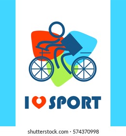 Vector flat illustration with I love sport symbol, cycling men. Perfect for sport and fitness t-shirt, package. Simple abstract line people figure