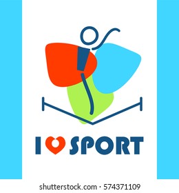 Vector flat illustration with I love sport symbol, gymnastic girl and heart. Perfect for sport and fitness t-shirt, package. Simple abstract line people figure