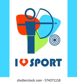 Vector flat illustration with I love sport symbol, shooting, archery men. Perfect for sport and fitness t-shirt, package. Simple abstract line people figure