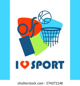 Vector flat illustration with I love sport symbol, men play with ball. Perfect for sport and fitness t-shirt, package. Simple abstract line people figure