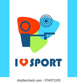 Vector flat illustration with I love sport symbol, shooting, archery men. Perfect for sport and fitness t-shirt, package. Simple abstract line people figure