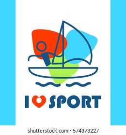 Vector flat illustration with I love sport symbol, Canoeing, Rowing, Sailing and heart. Perfect for sport and fitness t-shirt, package. Simple abstract line people figure