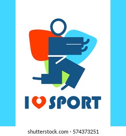 Vector flat illustration with I love sport symbol, taekwondo. Perfect for sport and fitness t-shirt, package. Simple abstract line people figure