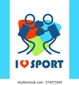 Vector flat illustration with I love sport symbol, boxing. Perfect for sport and fitness t-shirt, package. Simple abstract line people figure