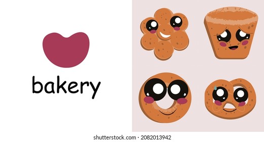 Vector flat illustration. Lovely kawaii icons of bakery, such as muffin, donut, flower, pretzel. Design of souvenirs, fabric, application on toys and children's clothing. Funny and cute icons.