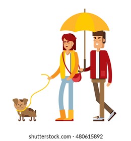 Vector flat illustration of a loving couple under an umbrella in the rain. Young man and woman character. Autumn walk the dog