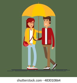 Vector flat illustration of a loving couple under an umbrella in the rain. Young man and woman character. Autumn walk.