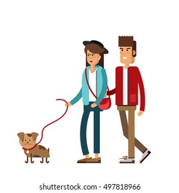 Vector flat illustration of a loving couple. Young man and woman character. Walk the dog