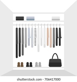 Vector flat illustration for magazines with women's closet. Minimalistic scandinavian style capsule wardrobe.