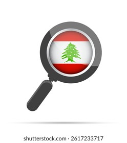Vector flat illustration of a magnifying glass with the Lebanese flag inside the lens. Symbolizes search, focus, or analysis. Clean, modern design, isolated on white background.