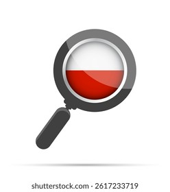 Vector flat illustration of a magnifying glass with the Polish flag inside the lens. Symbolizes search, focus, or analysis related to Poland. Clean, modern style, isolated on white.