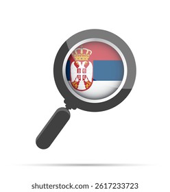 Vector flat illustration of a magnifying glass with the Serbian flag inside the lens. Symbolizes search, focus, or analysis. Clean, modern design, isolated on white background.