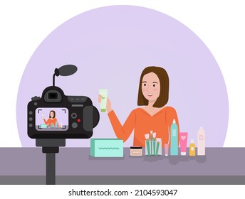 vector flat illustration, makeup tutorial video blogger. cartoon character, influencer in front of the camera shoots a video blog on skin care, make-up. beauty concept. work, business on the Internet