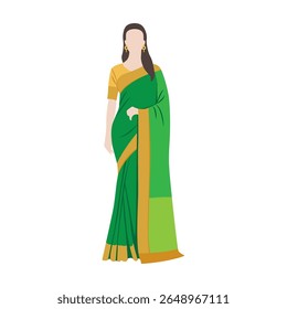 Vector flat illustration. Malaysian Indian woman wearing traditional attire called Saree