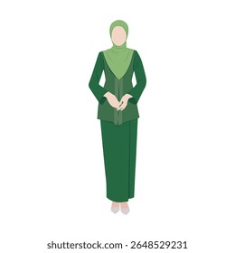Vector flat illustration. Malaysian Malay woman wearing traditional attire called Baju Kebaya