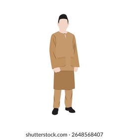 Vector flat illustration. Malaysian Malay man wearing traditional attire called Baju Teluk belanga