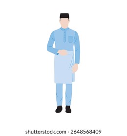 Vector flat illustration. Malaysian Malay man wearing traditional attire called Baju Melayu