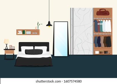 Vector Flat Illustration Of Male Bedroom Interior With Wardrobe. Cozy Modern Living Room With Double Bed, Table, Lamp, Mirror, Closet. Classic Concept Design Of Men's Or Couple Bedroom With Furniture