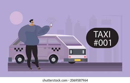 Vector flat illustration of a male character holding a mobile phone and standing next to taxi crew van. Taxi application. Cargo car sharing concept. Copy space