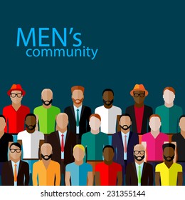 vector flat  illustration of male community with a large group of guys and men. urban lifestyle concept