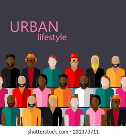 vector flat  illustration of male community with a large group of guys and men. urban lifestyle concept