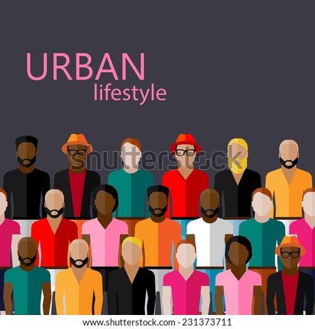 vector flat  illustration of male community with a large group of guys and men. urban lifestyle concept